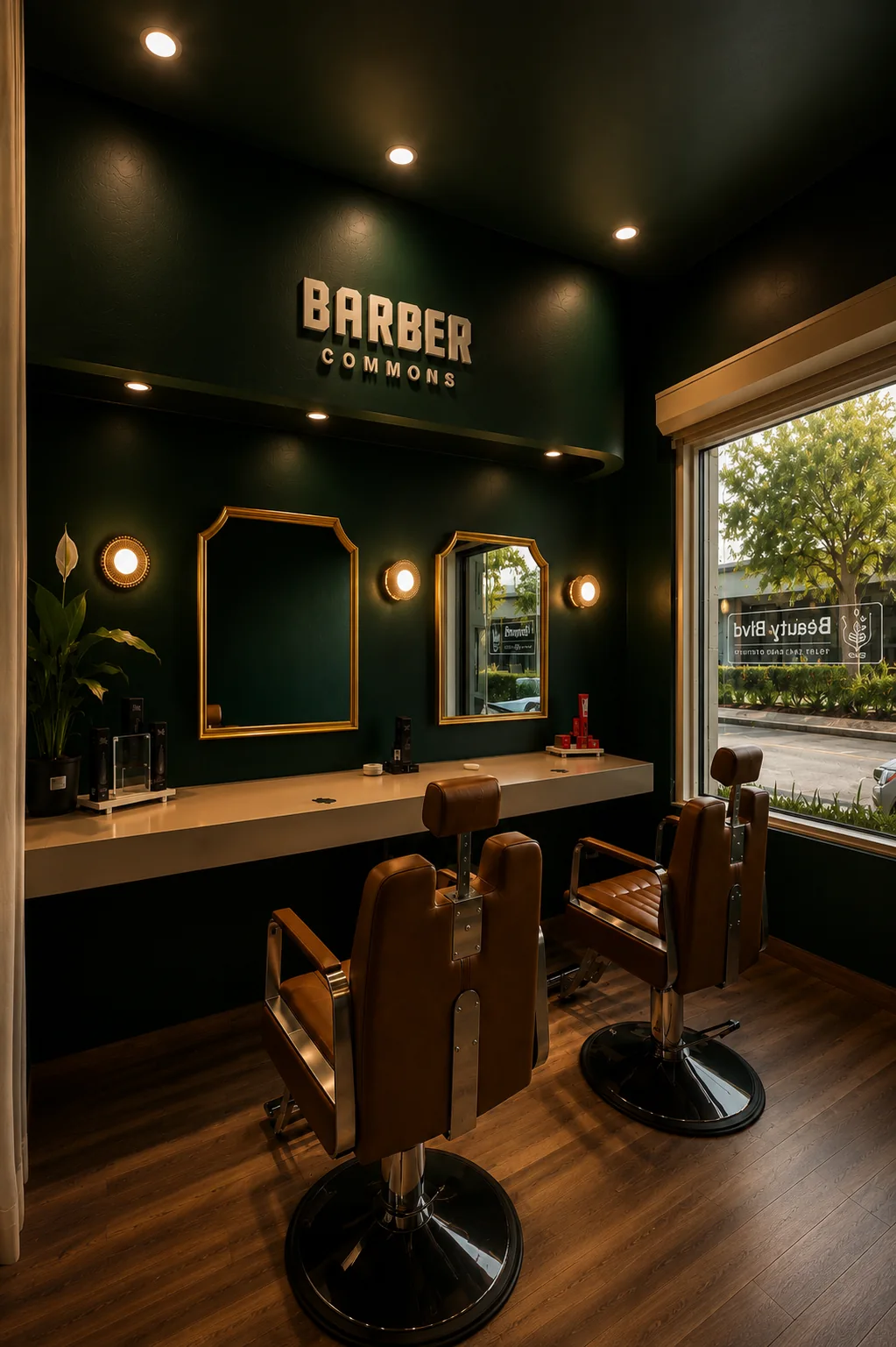 The Barber Commons room, with its wall sign, mirrors and barber chairs